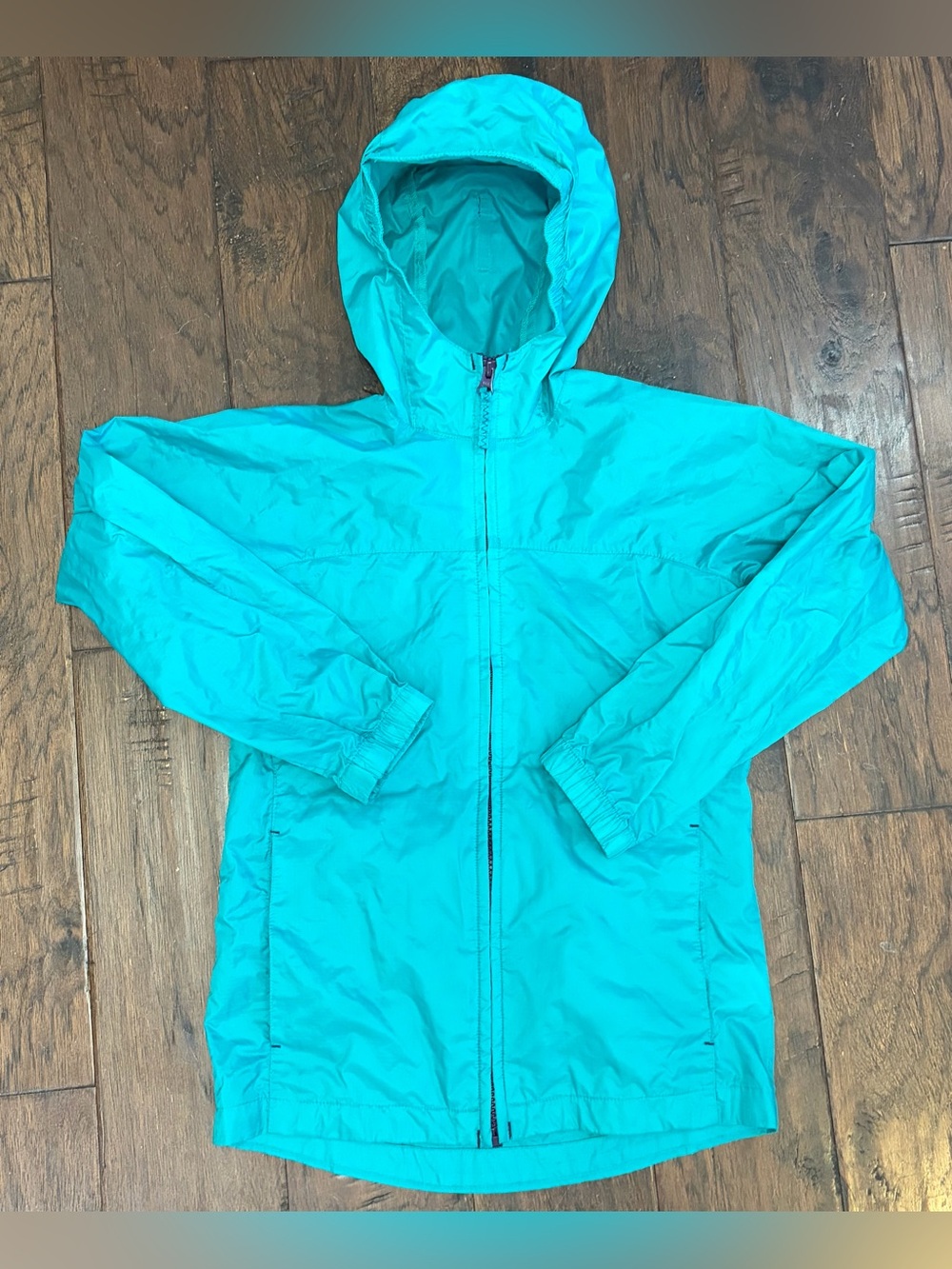 Lands' End Kids Teal Nylon Hooded Raincoat Jacket Size 7-8 Lightweight